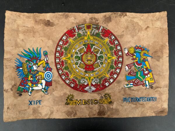 Aztec calendar painted on amate paper, original amate paintings in Mexican art, acrylic painting / Mexican painting authentic artisans. - Image 2