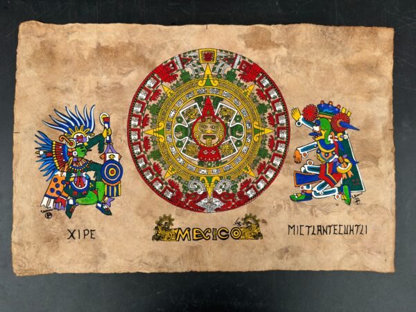 Aztec calendar painted on amate paper, original amate paintings in Mexican art, acrylic painting / Mexican painting authentic artisans. - Image 2