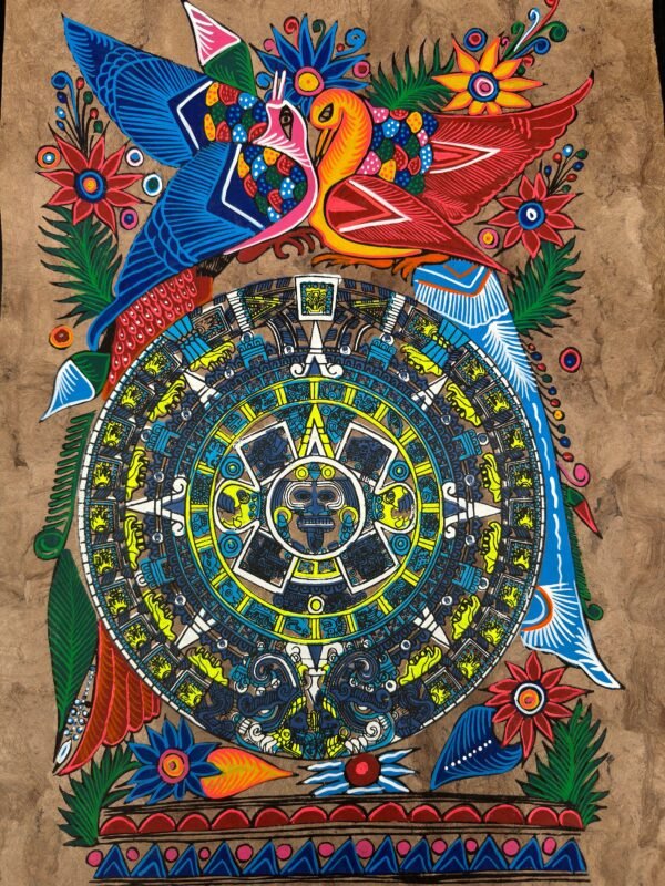Aztec calendar painted on amate paper, original amate paintings in Mexican art, acrylic painting / Mexican painting authentic artisans. - Image 2