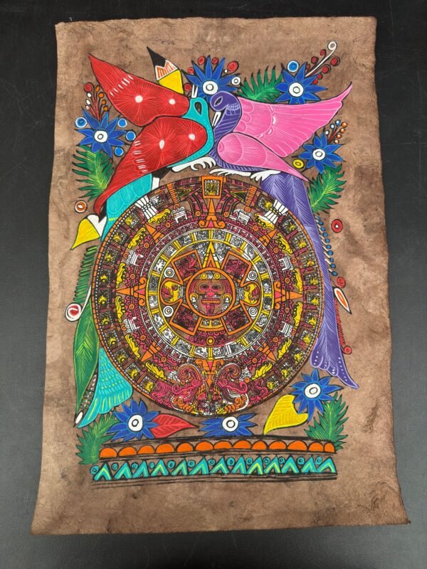 Aztec calendar painted on amate paper, original amate paintings in Mexican art, acrylic painting / Mexican painting authentic artisans. - Image 2