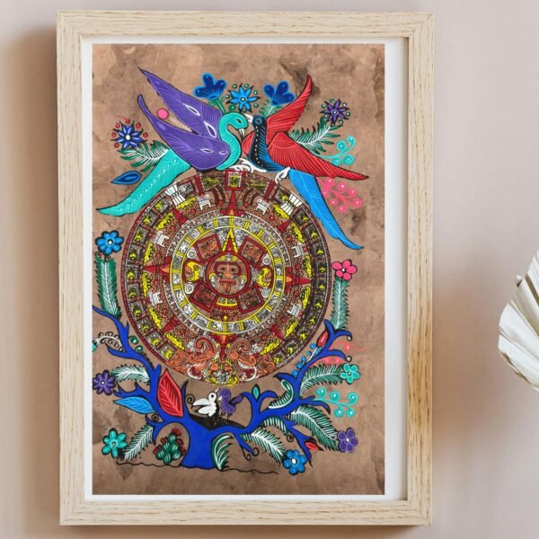 Aztec calendar painted on amate paper, original amate paintings in Mexican art, acrylic painting / Mexican painting authentic artisans.