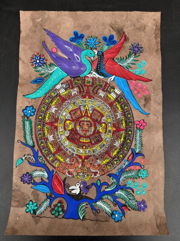 Aztec calendar painted on amate paper, original amate paintings in Mexican art, acrylic painting / Mexican painting authentic artisans. - Image 2