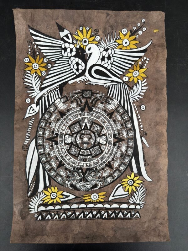 Aztec calendar painted on amate paper, original amate paintings in Mexican art, acrylic painting / Mexican painting authentic artisans. - Image 2