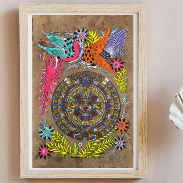 Aztec calendar painted on amate paper, original amate paintings in Mexican art, acrylic painting / Mexican painting authentic artisans.