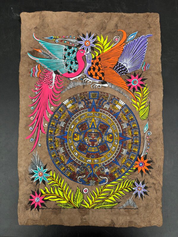 Aztec calendar painted on amate paper, original amate paintings in Mexican art, acrylic painting / Mexican painting authentic artisans. - Image 2