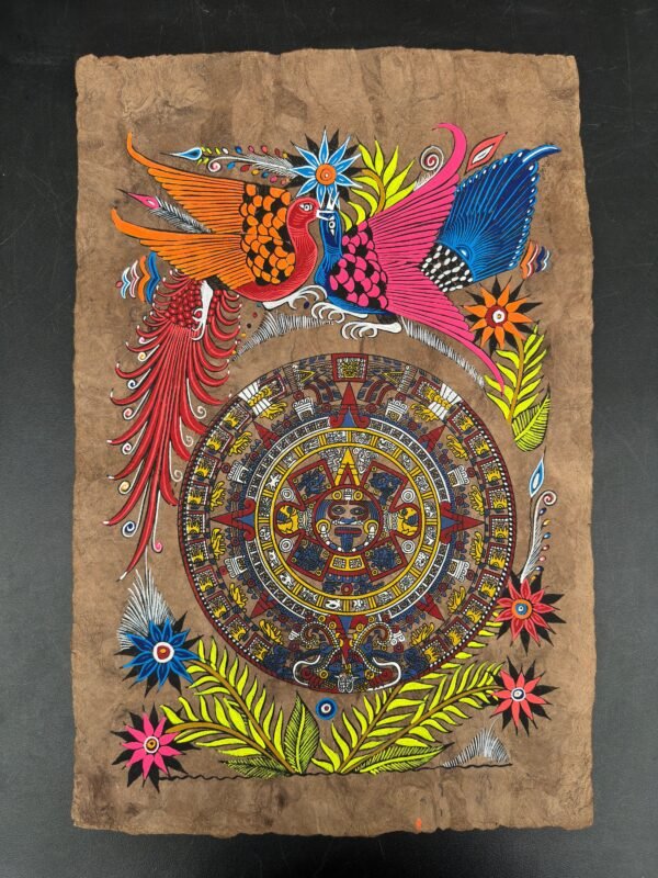 Aztec calendar painted on amate paper, original amate paintings in Mexican art, acrylic painting / Mexican painting authentic artisans. - Image 2