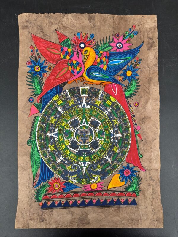 Aztec calendar painted on amate paper, original amate paintings in Mexican art, acrylic painting / Mexican painting authentic artisans. - Image 2