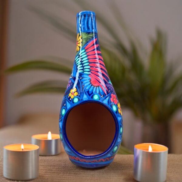 Mini Chimney Incense Burner Made Of Clay Hand Painted Guerrero, Culture Of Mexico Candle Holder For Indoor Home Decor With Vibrant Colors
