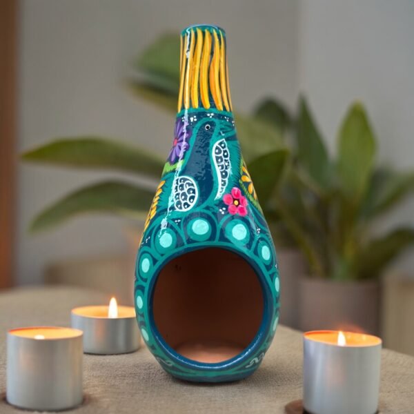 Mini Chimney Incense Burner Made Of Clay Hand Painted Guerrero, Culture Of Mexico Candle Holder For Indoor Home Decor With Vibrant Colors