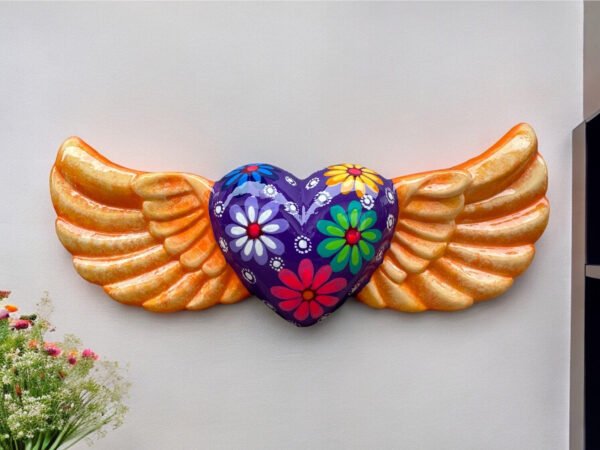 Clay Heart Wings Wall Hanging, Milagro Heart, Made Of Clay Hand Painted Sacred Heart, Guerrero Mexico Original Artisans Home Decor