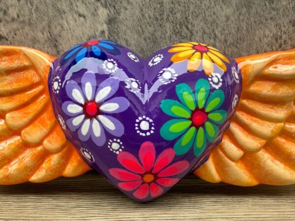 Clay Heart Wings Wall Hanging, Milagro Heart, Made Of Clay Hand Painted Sacred Heart, Guerrero Mexico Original Artisans Home Decor - Image 2