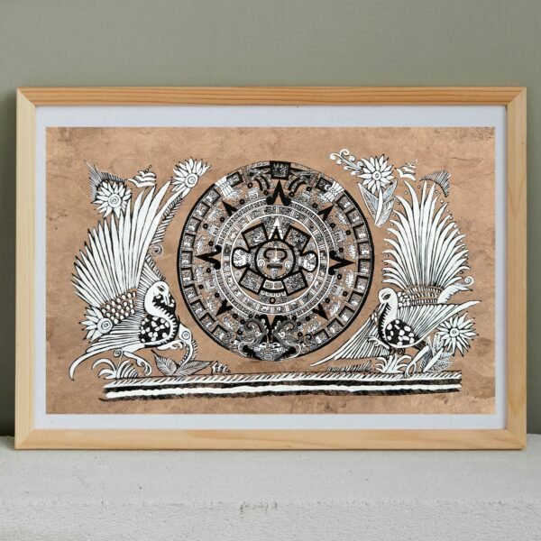 Aztec calendar painted on amate paper, original amate paintings in Mexican art, acrylic painting / Mexican painting authentic artisans.