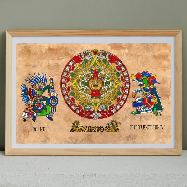 Aztec calendar painted on amate paper, original amate paintings in Mexican art, acrylic painting / Mexican painting authentic artisans.