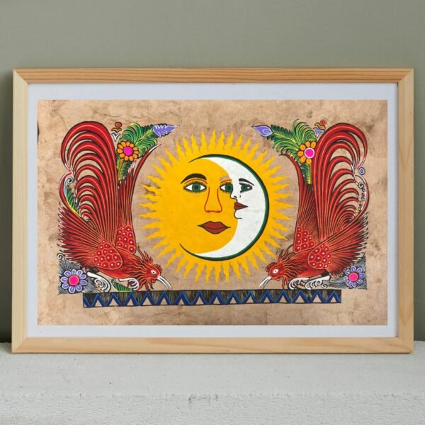 Sun & Moon painting painted on amate paper, original amate paintings in Mexican art, acrylic painting / Mexican painting authentic artisans
