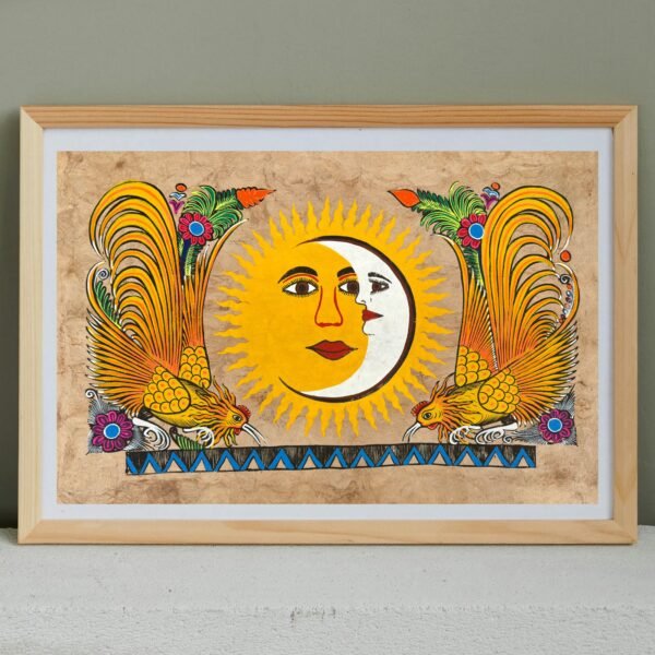 Sun & Moon painting painted on amate paper, original amate paintings in Mexican art, acrylic painting / Mexican painting authentic artisans