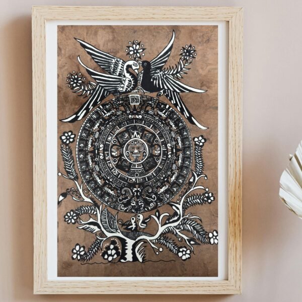 Aztec calendar painted on amate paper, original amate paintings in Mexican art, acrylic painting / Mexican painting authentic artisans.