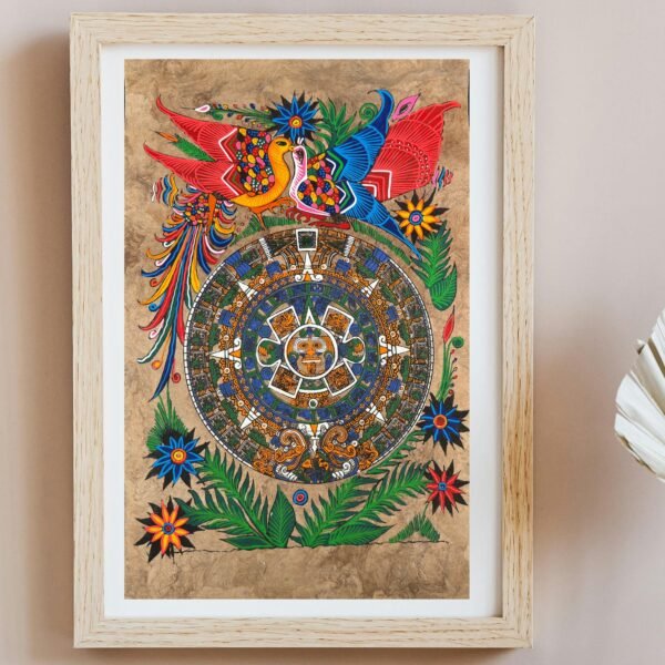 Aztec calendar painted on amate paper, original amate paintings in Mexican art, acrylic painting / Mexican painting authentic artisans.