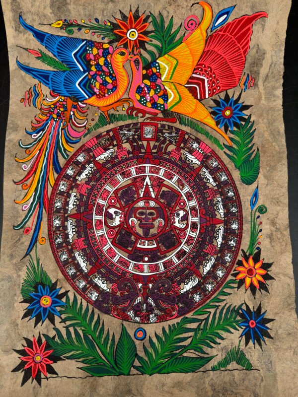 Aztec calendar painted on amate paper, original amate paintings in Mexican art, acrylic painting / Mexican painting authentic artisans. - Image 2