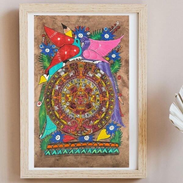 Aztec calendar painted on amate paper, original amate paintings in Mexican art, acrylic painting / Mexican painting authentic artisans.