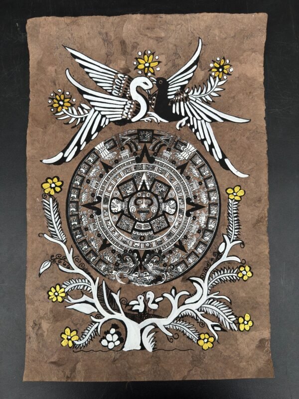 Aztec calendar painted on amate paper, original amate paintings in Mexican art, acrylic painting / Mexican painting authentic artisans. - Image 2