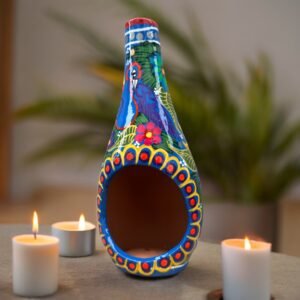 Mini Chimney Incense Burner Made Of Clay Hand Painted Guerrero, Culture Of Mexico Candle Holder For Indoor Home Decor With Vibrant Colors
