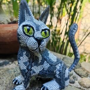 Cat Statue Mexican Folk Art Alebrije Sculpture, Wooden As Mexican Decoration Figurine, Made Of Wood And Carved By Hand
