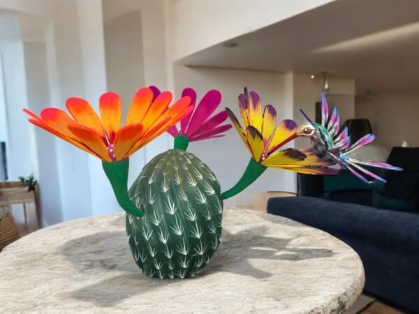 Hummingbird Statue Cactus Biznaga Alebrije Sculpture, Wooden Mexican Decoration Figure, Made Of Wood And Carved By Hand ASK FOR CUSTOMIZE
