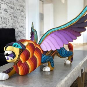 BIG Nahualt Lion And Eagle Statue Alebrije Sculpture Of Mexican Folk Art, Lion Carved Wood As A Mexican Decorative Figure Hand Made
