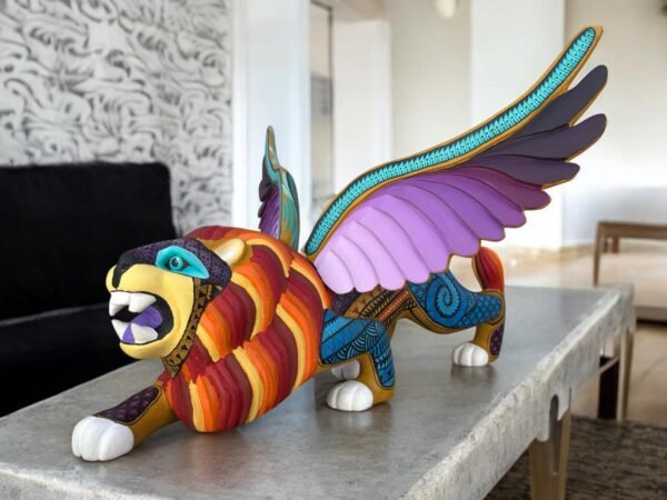 BIG Nahualt Lion And Eagle Statue Alebrije Sculpture Of Mexican Folk Art, Lion Carved Wood As A Mexican Decorative Figure Hand Made