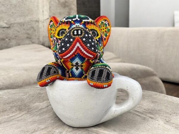Dog Bulldog Statue Huichol Sculpture Of Mexican Folk Art, Pet Wixarika As A Mexican Decorative Figure, Made Of Resin And Beads