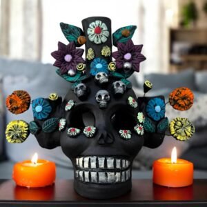 Skull Candle Holder (3) Michoacan Clay - Mini Chimney Artisanal Handcrafted Mexican Decor, Unique Gothic Home  Decor, Day of the Dead