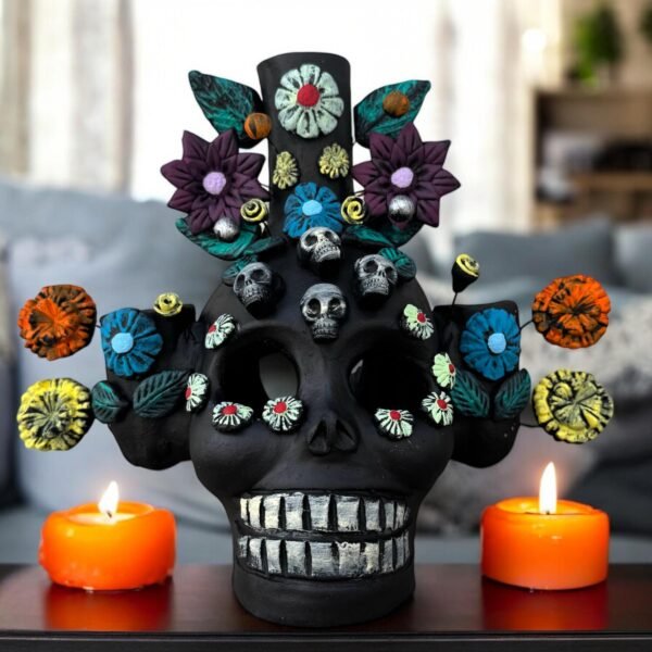 Skull Candle Holder (3) Michoacan Clay - Mini Chimney Artisanal Handcrafted Mexican Decor, Unique Gothic Home  Decor, Day of the Dead
