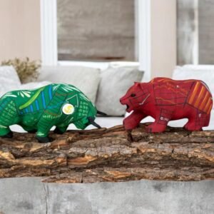 Green Bull And Red Beer Figurine-Stock And Crypto Market Wall Street Folk Art Alebrije Statues,Decoration Art, Wood Hand Carved