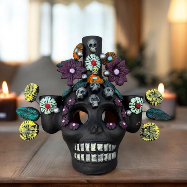 Skull Candle Holder (3) Michoacan Clay - Mini Chimney Artisanal Handcrafted Mexican Decor, Unique Gothic Home  Decor, Day of the Dead