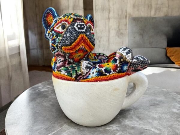Dog Bulldog Statue Huichol Sculpture Of Mexican Folk Art, Pet Wixarika As A Mexican Decorative Figure, Made Of Resin And Beads