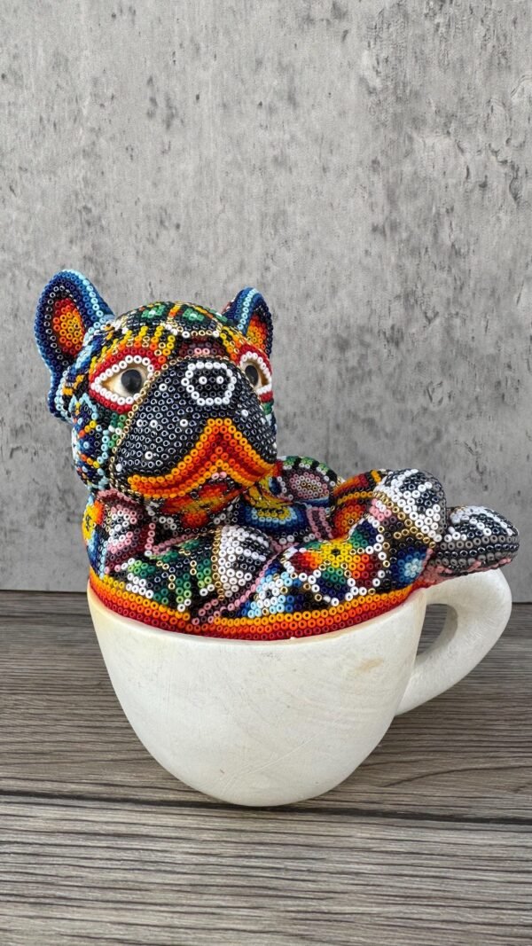 Dog Bulldog Statue Huichol Sculpture Of Mexican Folk Art, Pet Wixarika As A Mexican Decorative Figure, Made Of Resin And Beads - Image 2