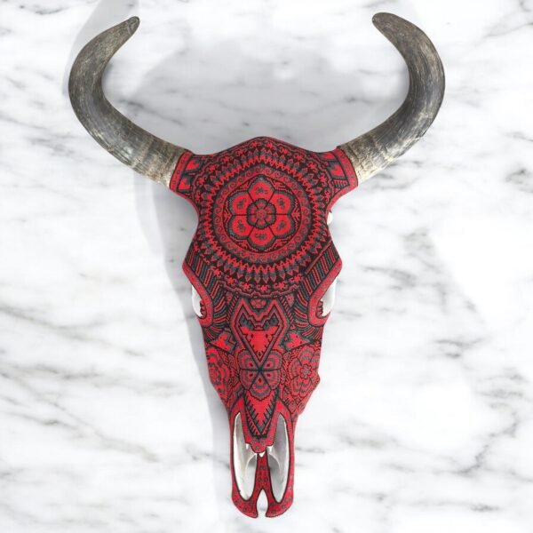 Bull Sculpture Huichol Statue Of Mexican Folk Art, Cow Wixarika As A Mexican Decorative Figure, Made Of Beads On Real Skull. “We Customize” - Image 2