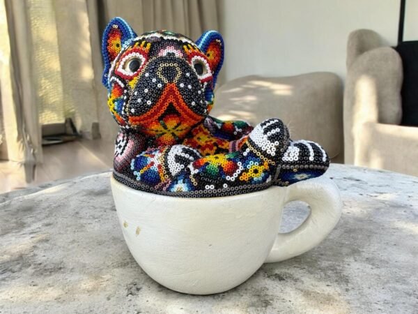 Dog Bulldog Statue Huichol Sculpture Of Mexican Folk Art, Pet Wixarika As A Mexican Decorative Figure, Made Of Resin And Beads