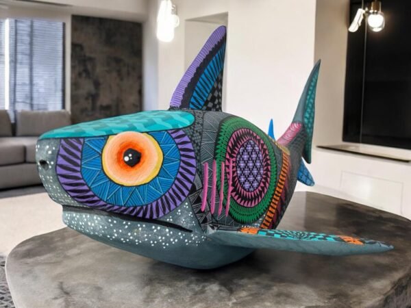 Alebrije Shark Figure Oaxaca  Mexican Folk Art Alebrije Sculpture, Wooden Fish As Mexican Decoration Statue, Made Of Wood And Carved By Hand