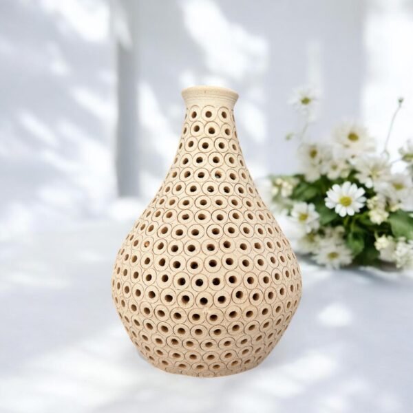 Oaxaca Vase White And Brown Clay Handcrafted Plant Pot, Pottery Luminary, White Clay Vase, Mexican Vase, Oaxaca Pottery For Home Decor