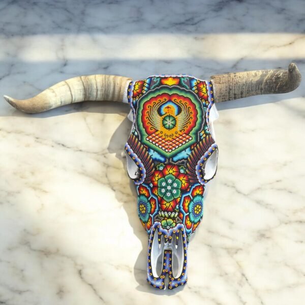 Bull Sculpture Huichol Statue Of Mexican Folk Art, Cow Wixarika As A Mexican Decorative Figure, Made Of Beads On Real Skull. “We Customize” - Image 2