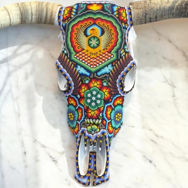 Bull Sculpture Huichol Statue Of Mexican Folk Art, Cow Wixarika As A Mexican Decorative Figure, Made Of Beads On Real Skull. “We Customize”
