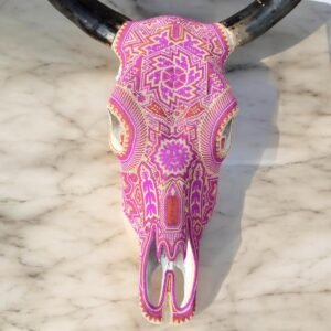 Bull Sculpture Huichol Statue Of Mexican Folk Art, Cow Wixarika As A Mexican Decorative Figure, Made Of Beads On Real Skull. “We Customize”