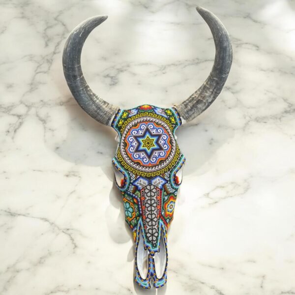 Bull Sculpture Huichol Statue Of Mexican Folk Art, Cow Wixarika As A Mexican Decorative Figure, Made Of Beads On Real Skull. “We Customize” - Image 2