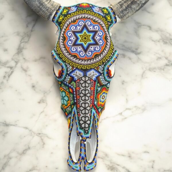 Bull Sculpture Huichol Statue Of Mexican Folk Art, Cow Wixarika As A Mexican Decorative Figure, Made Of Beads On Real Skull. “We Customize”