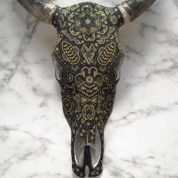 Bull Sculpture Huichol Statue Of Mexican Folk Art, Cow Wixarika As A Mexican Decorative Figure, Made Of Beads On Real Skull. “We Customize”