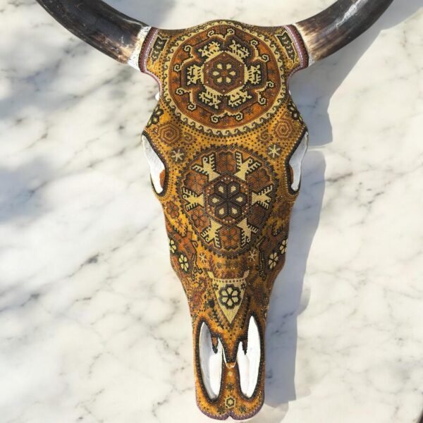 Bull Sculpture Huichol Statue Of Mexican Folk Art, Cow Wixarika As A Mexican Decorative Figure, Made Of Beads On Real Skull. “We Customize”