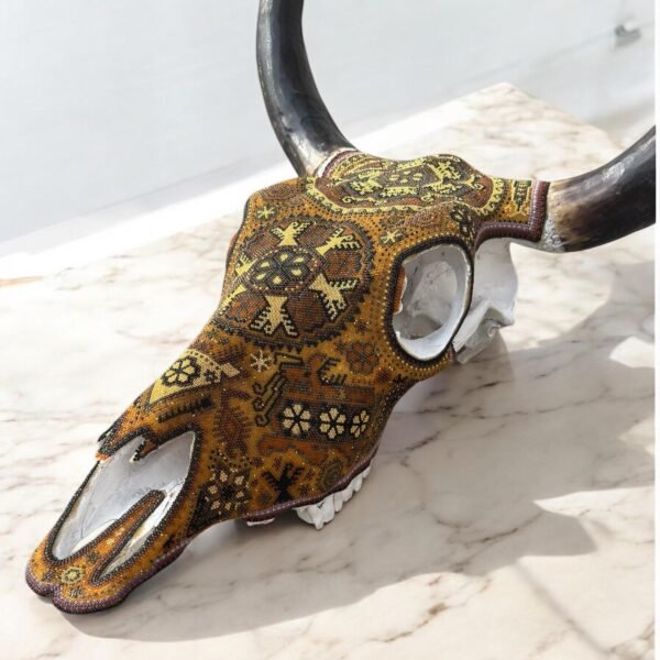 Bull Sculpture Huichol Statue Of Mexican Folk Art, Cow Wixarika As A Mexican Decorative Figure, Made Of Beads On Real Skull. “We Customize” - Image 2