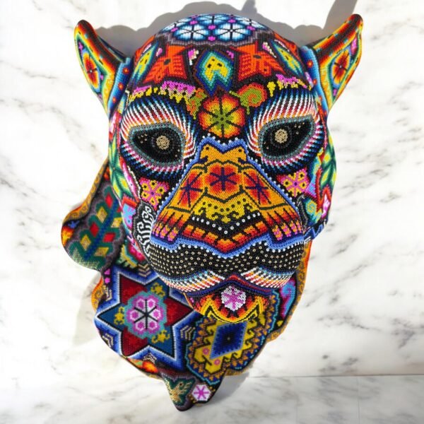 Jaguar Statue  Huichol Sculpture Of Mexican Folk Art, Panther Wixarika As A Mexican Decorative Figure , Made Of Resin, Beads We “Customize”