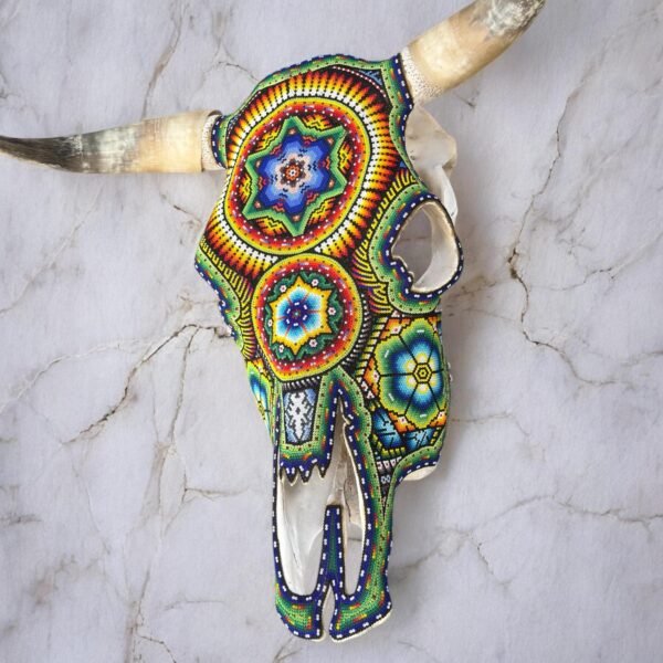Bull Sculpture Huichol Statue Of Mexican Folk Art, Cow Wixarika As A Mexican Decorative Figure, Made Of Beads On Real Skull. “We Customize” - Image 2